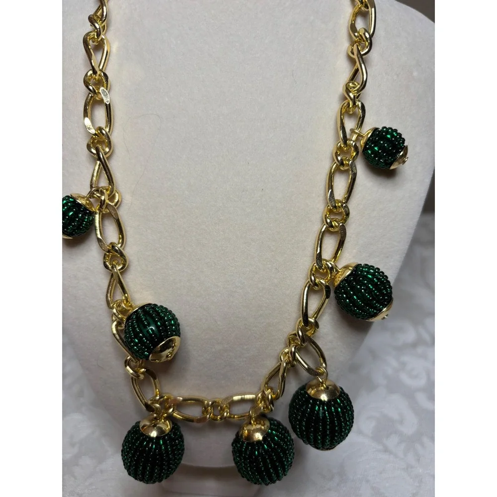 Talbots Gold Tone Chunky Link Necklace Green Beaded Ball Charms Statement 20in